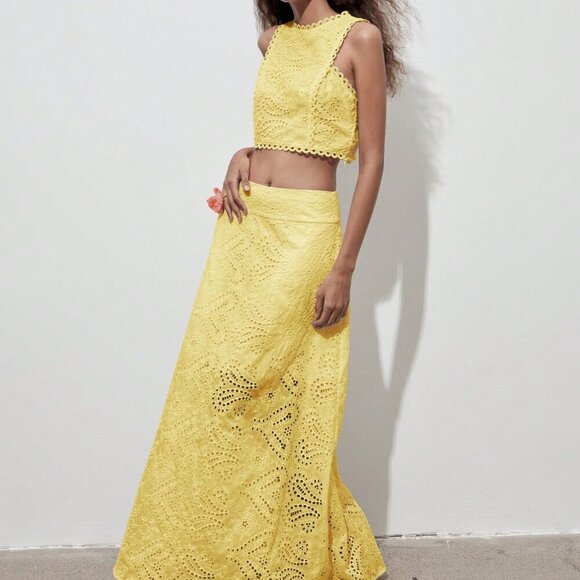 Yellow Boho Women's Floral Hollow Out Full Embroidery  Crop Top - Picture 9 of 10